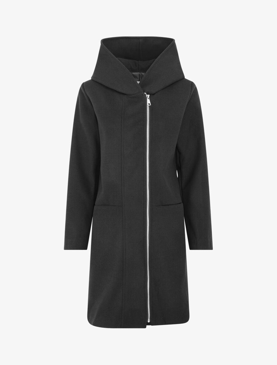 Manteau long uni à capuche - Noir - 1