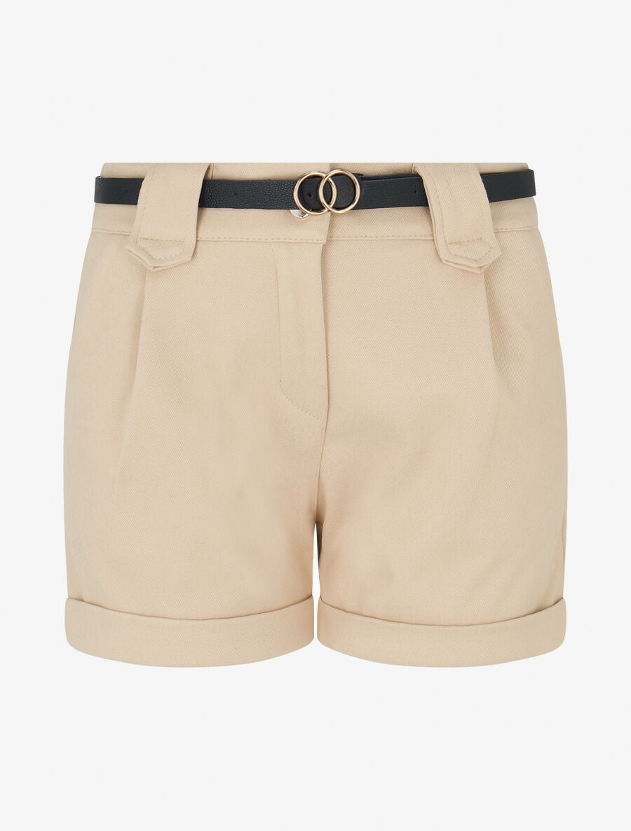 Short épais ceinturé à revers - Beige - 1