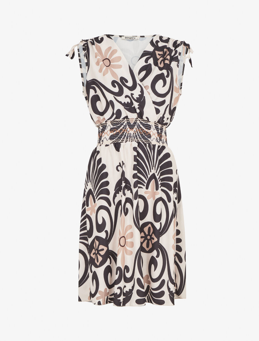 Robe élastiquée à imprimé ikat - Noir - 1