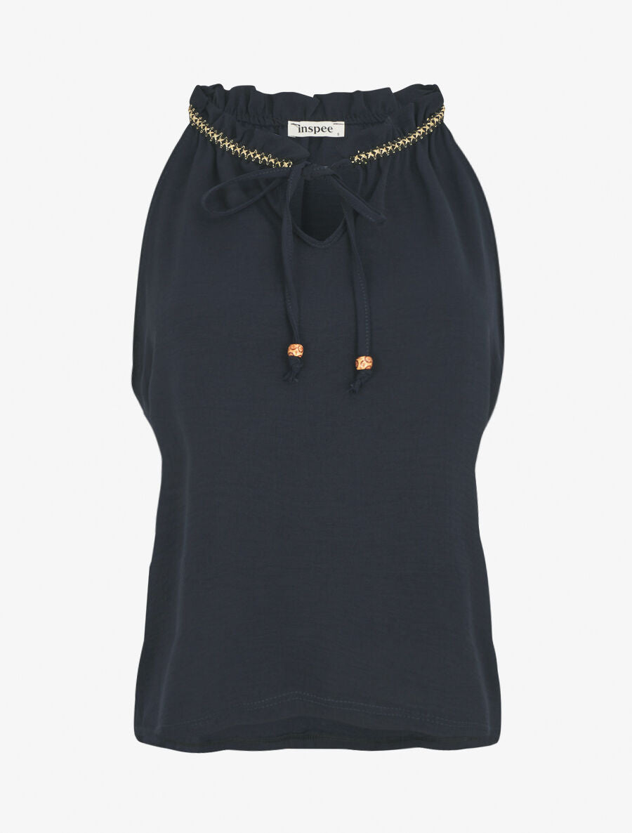 Top uni à col V et détail brodé - Marine - 4