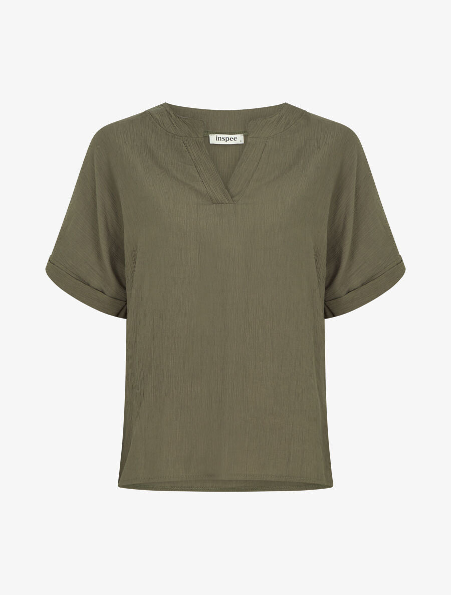 Blouse droite et texturée à col V - Kaki - 1