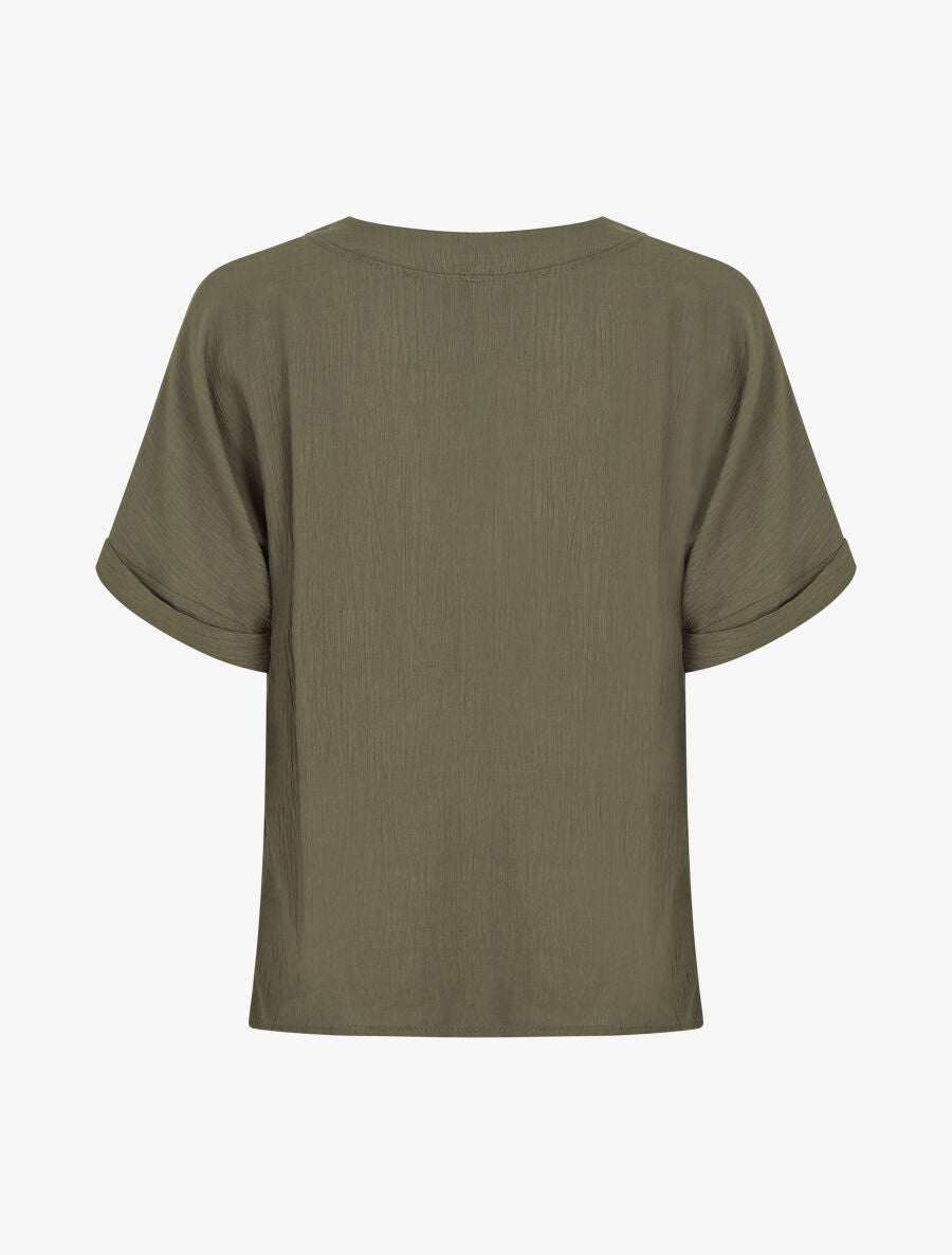 Blouse droite et texturée à col V - Kaki - 2