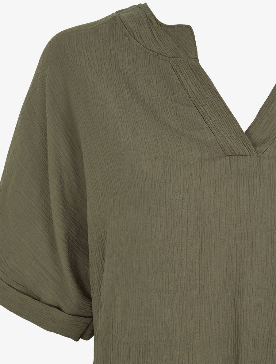 Blouse droite et texturée à col V - Kaki - 3
