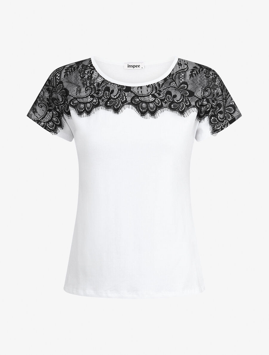 T-shirt droit manches courtes col rond à dentelle - Blanc - 1