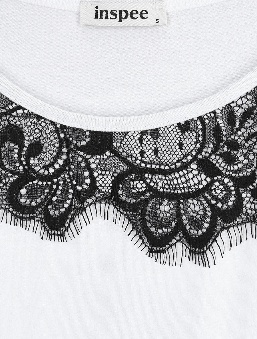 T-shirt droit manches courtes col rond à dentelle - Blanc - 3