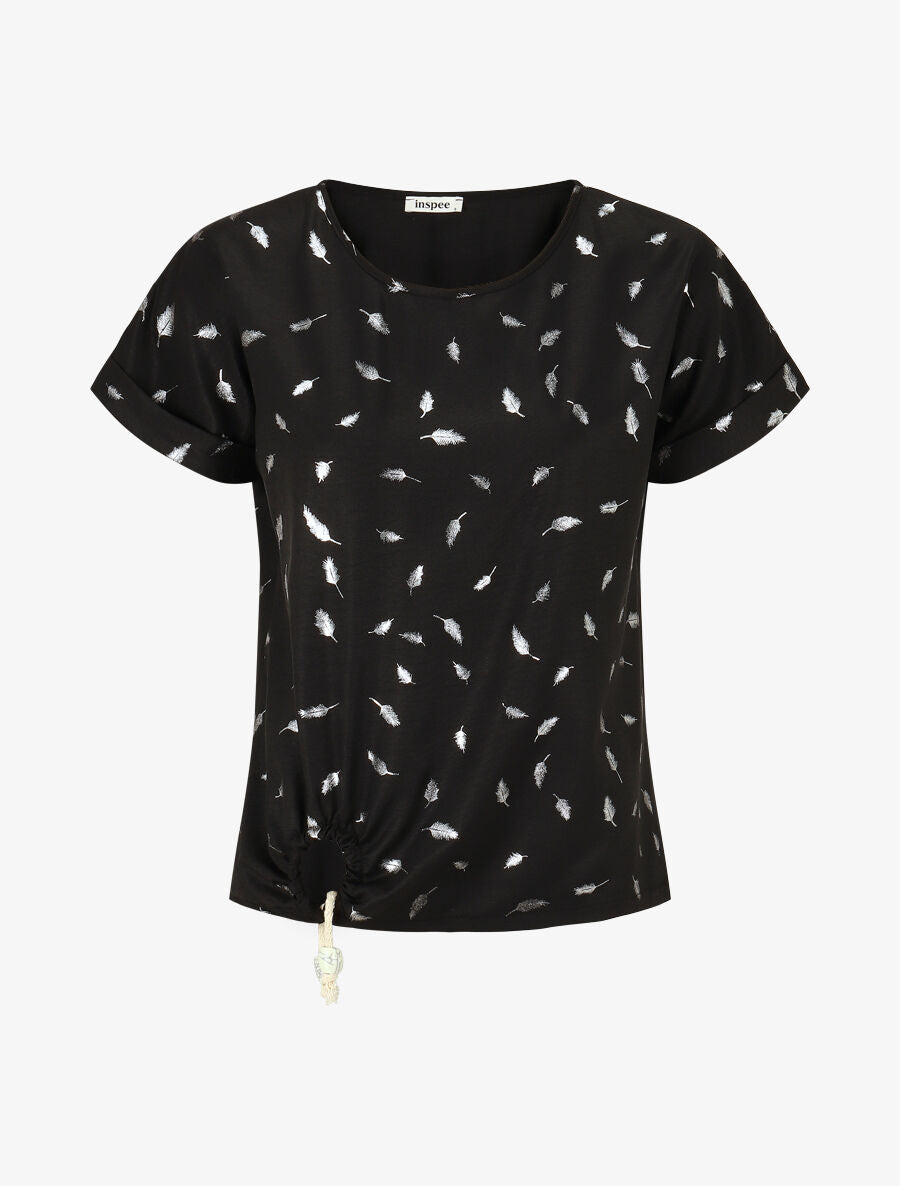 Top imprimé plumes irisées à détail ajouré et pierres - Noir - 4