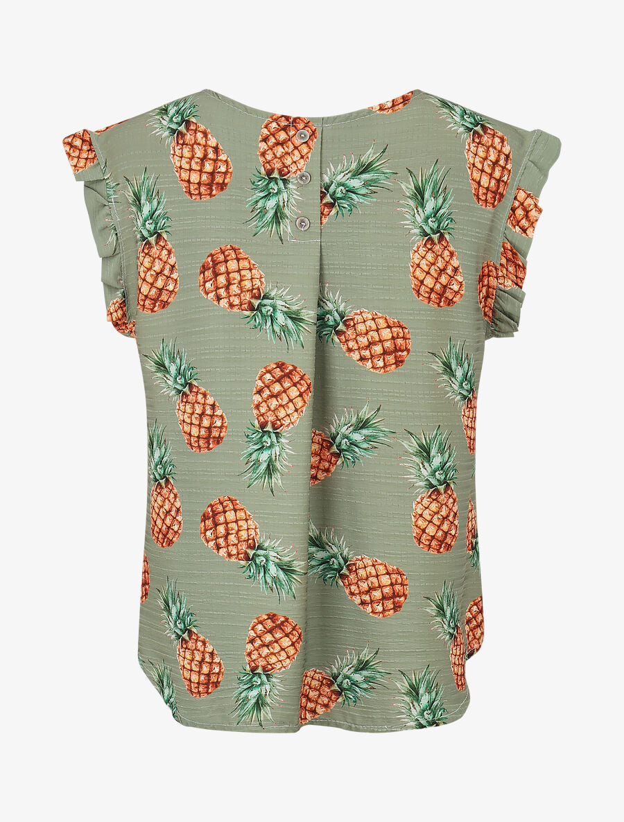 Top à manches volantées imprimé ananas - Kaki - 2