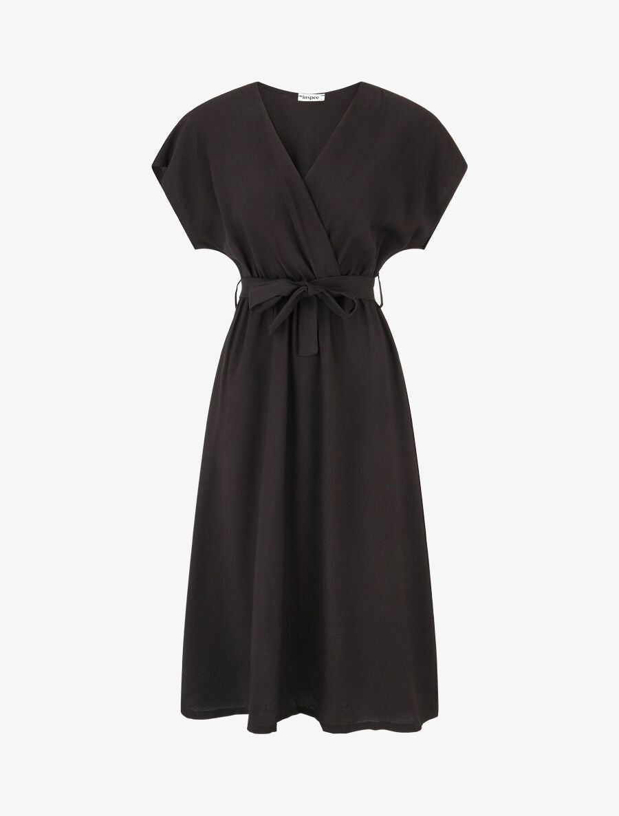 Robe longue unie à manches courtes - Noir - 1