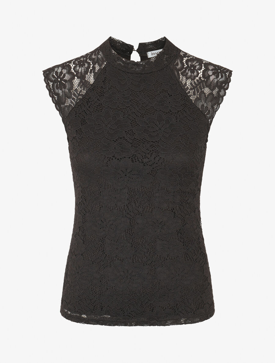 Top ajusté en dentelle col montant - Noir - 4
