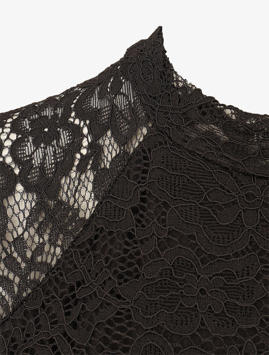 Top ajusté en dentelle col montant - Noir - 3