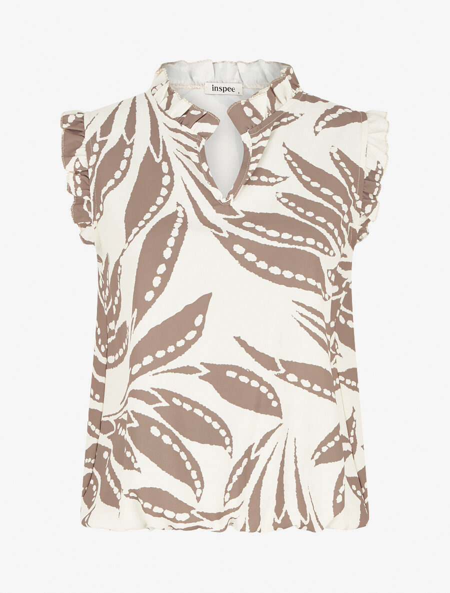 Top imprimé graphique à épaules volantées - Taupe - 1