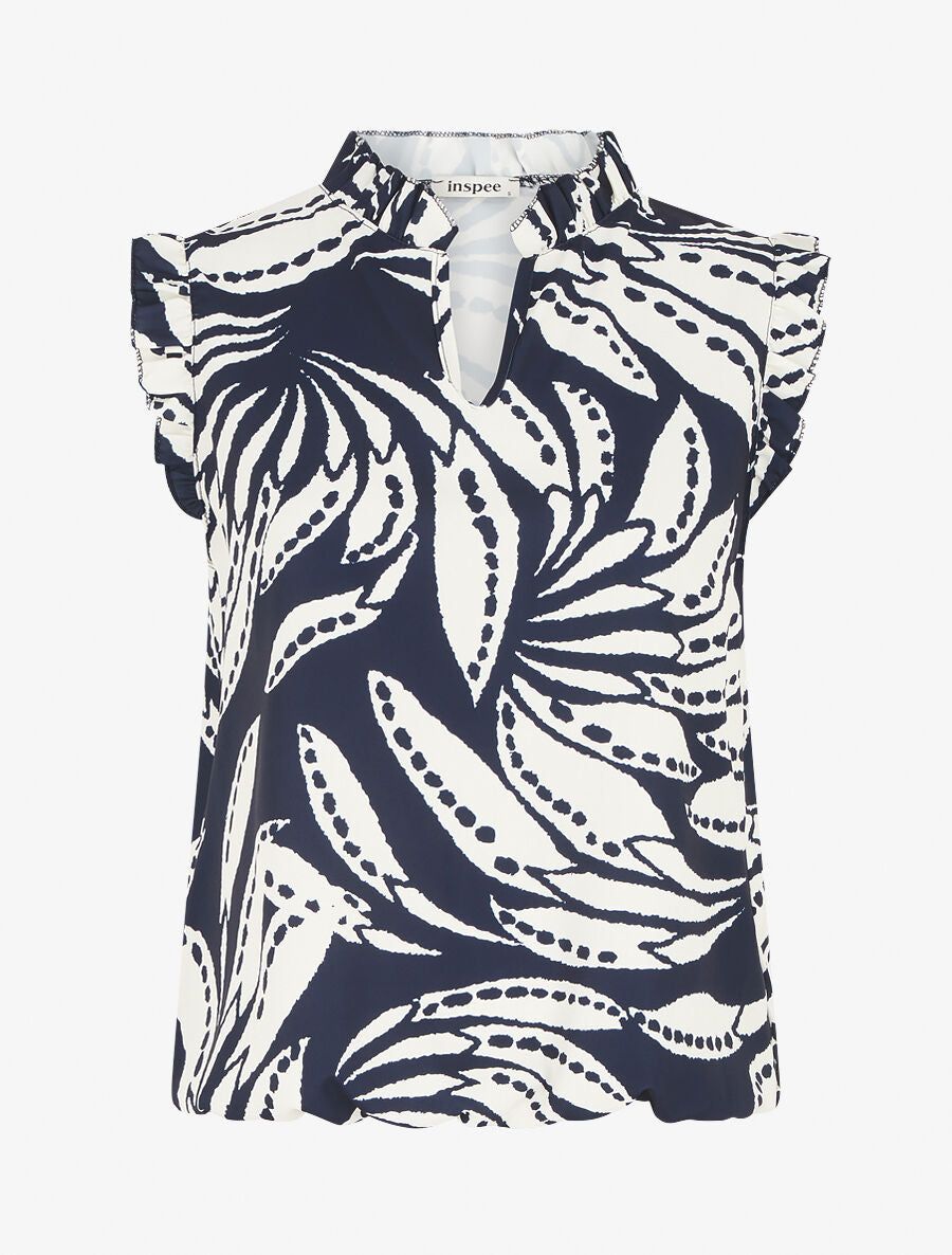 Top imprimé graphique à épaules volantées - Marine - 4