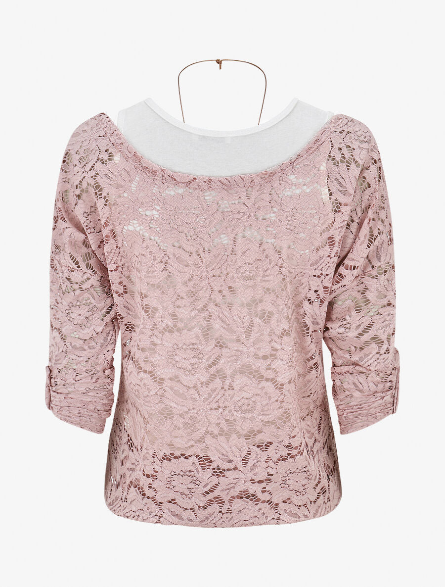Top en dentelle manches 3/4 effet superposé - Rose - 2
