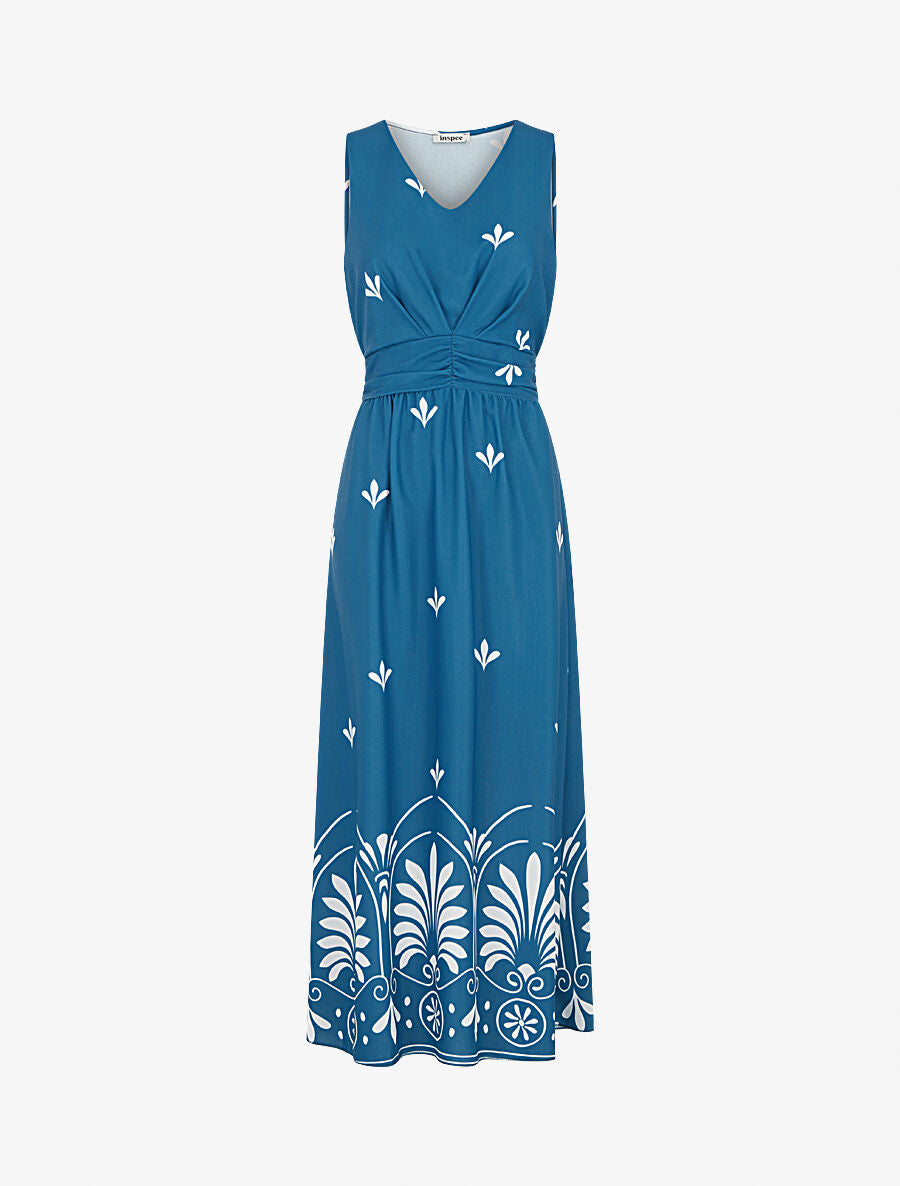 Robe longue sans manches à fleurs style arabesque - Bleu canard - 4