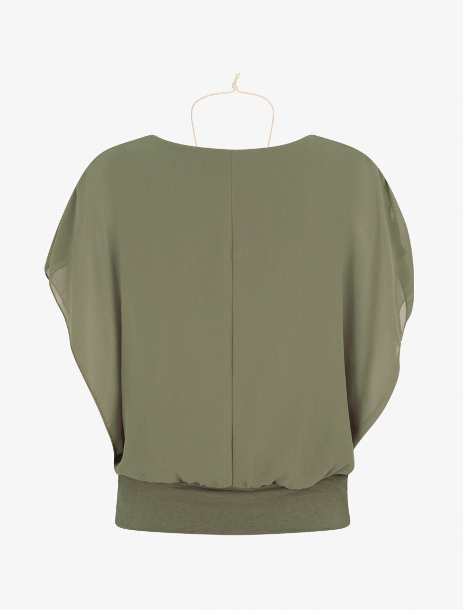 Top uni en voile à manches volantées - Kaki - 2