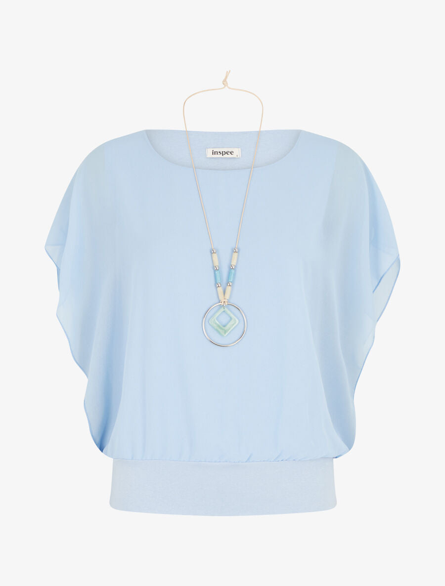 Top uni en voile à manches volantées - Bleu ciel - 1