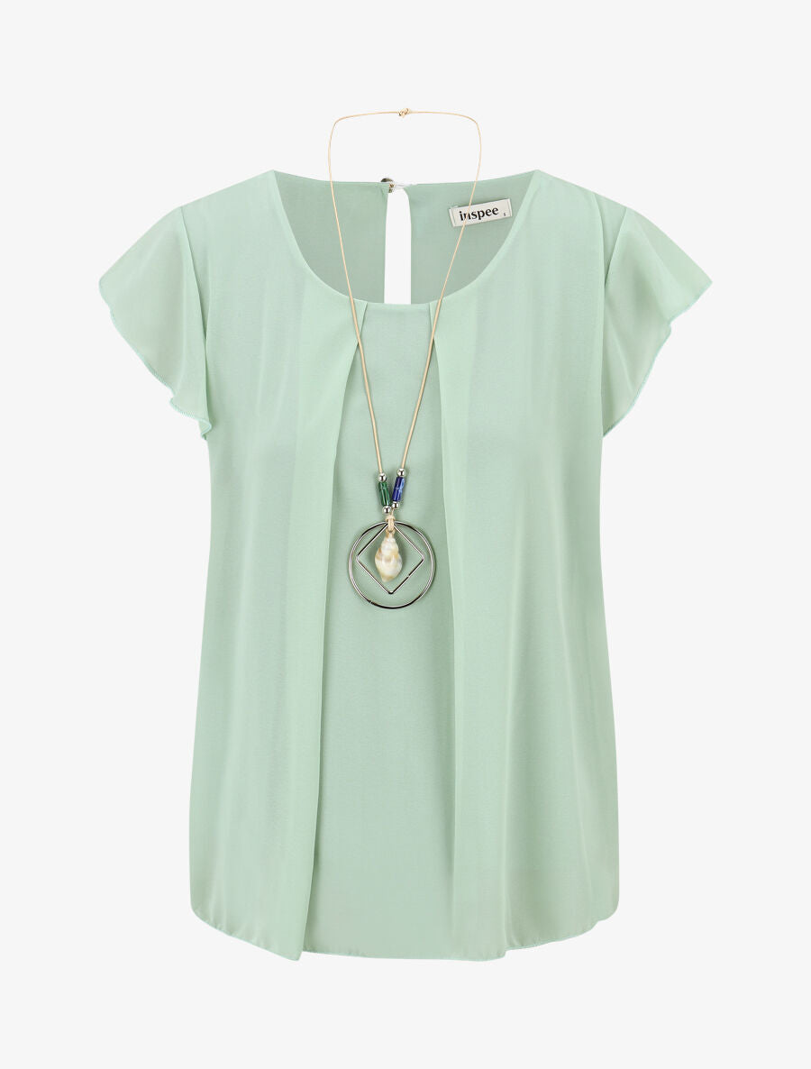 Blouse en voile transparente à manches volantées - Vert d&
