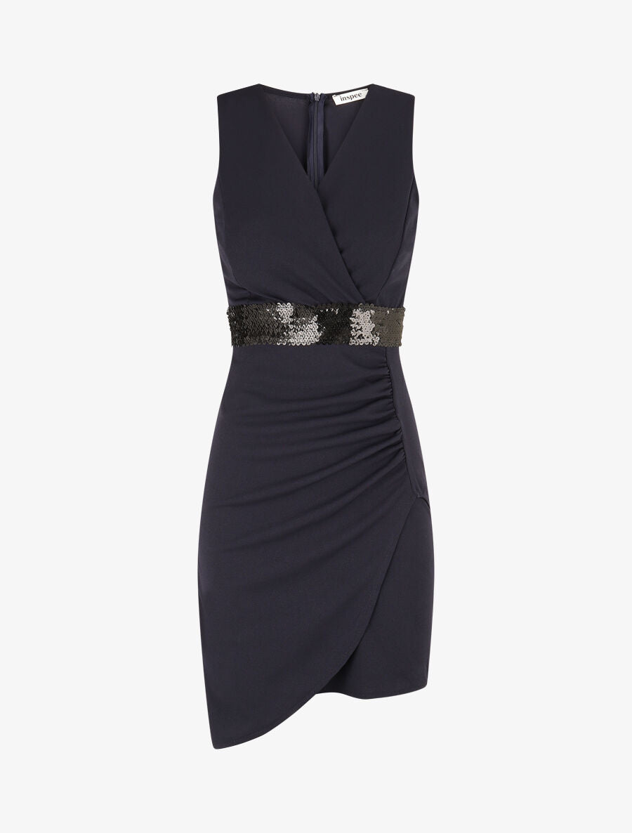 Robe asymétrique à taille en sequins - Marine - 4