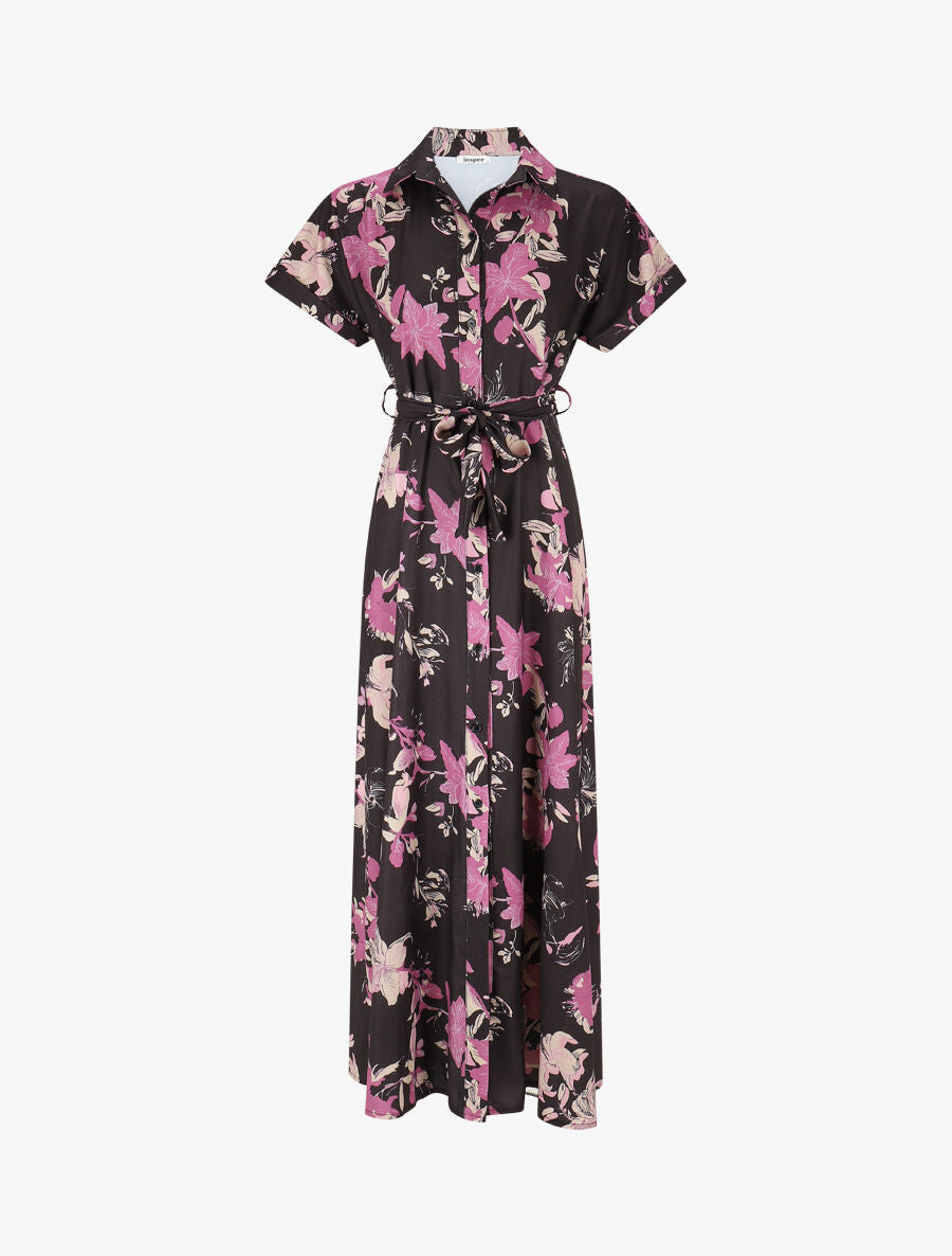 Robe chemise longue imprimé fleuri - Noir - 1