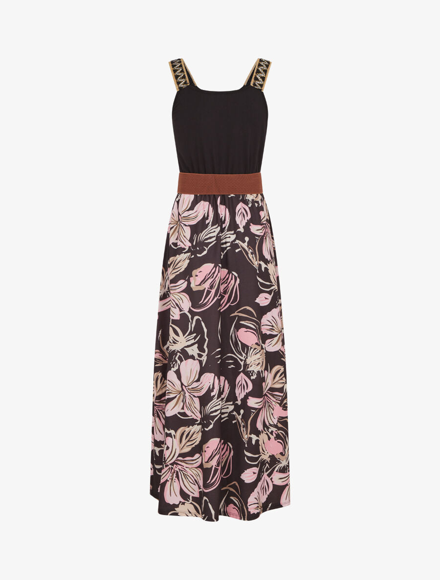 Robe longue à bretelles brodées imprimé floral - Noir - 2