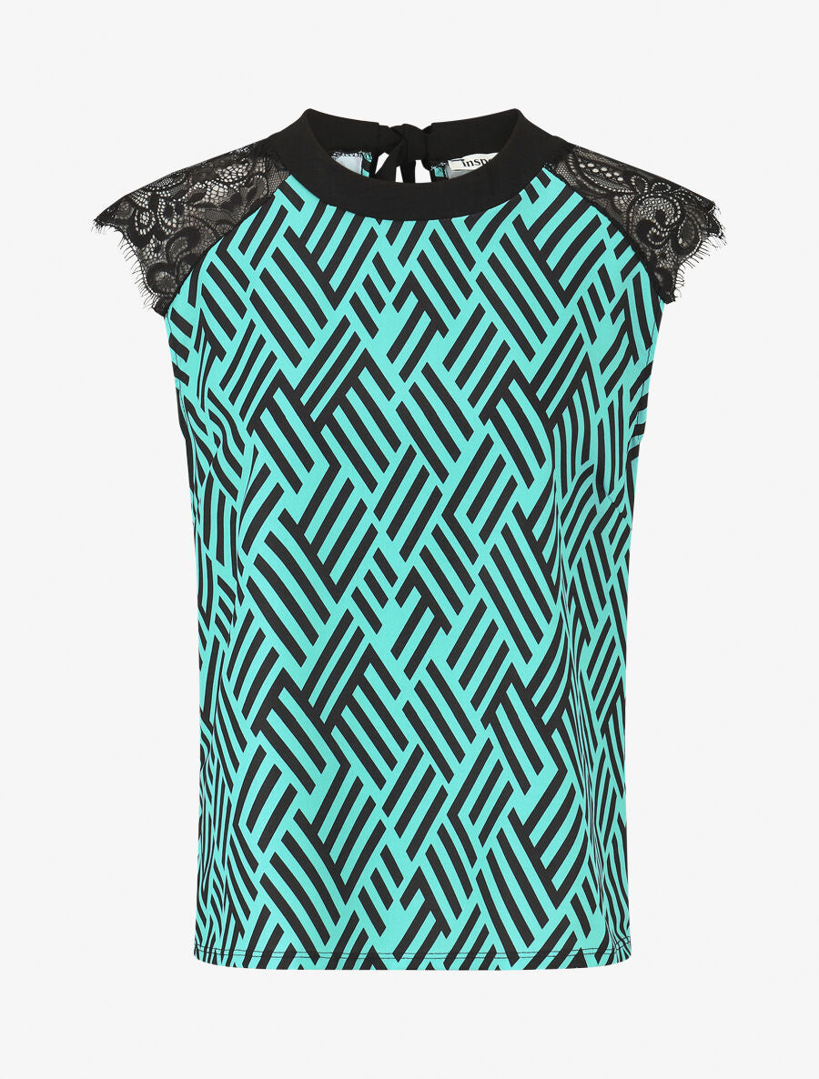 Top imprimé graphique à manches courtes en dentelle - Turquoise - 4