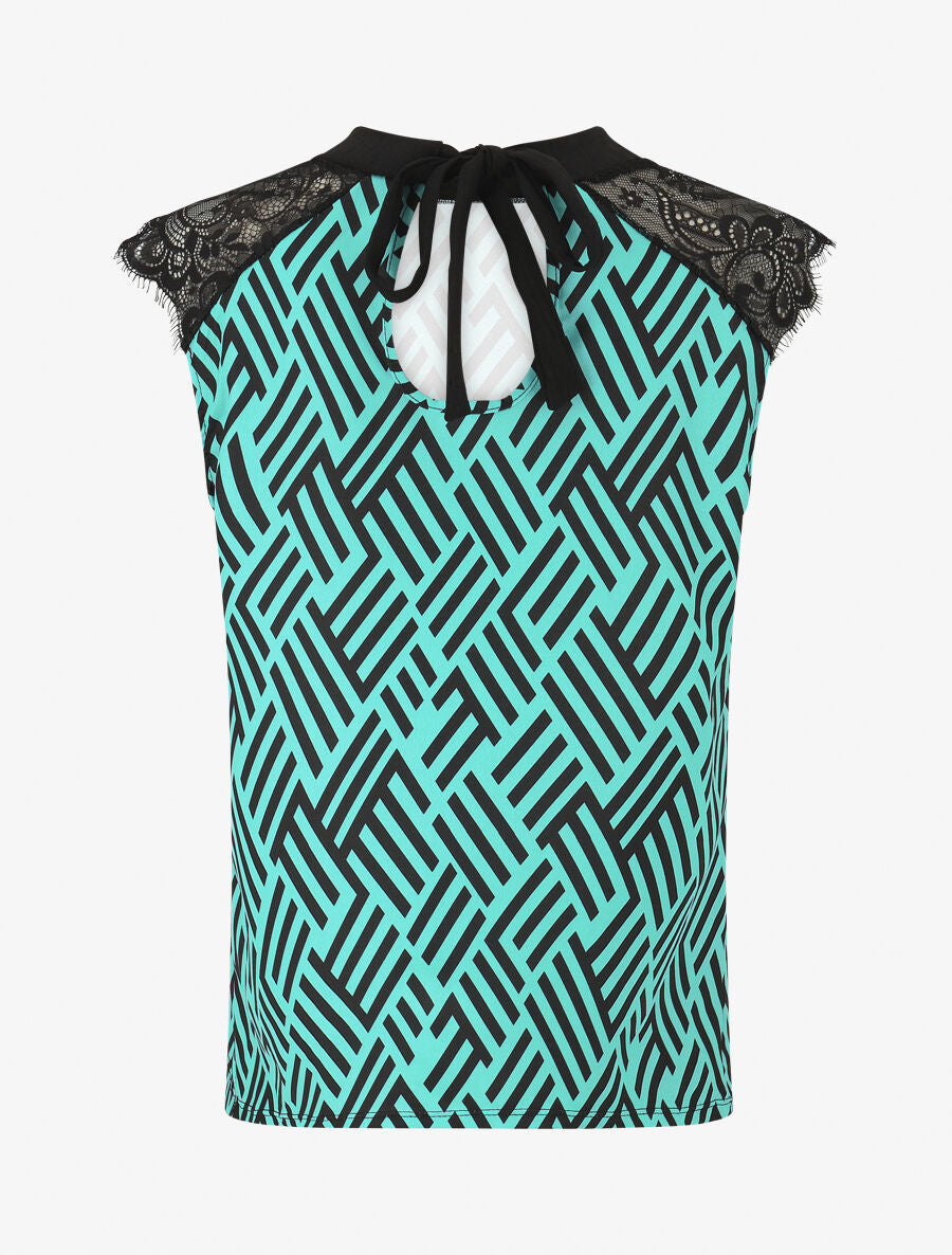 Top imprimé graphique à manches courtes en dentelle - Turquoise - 2