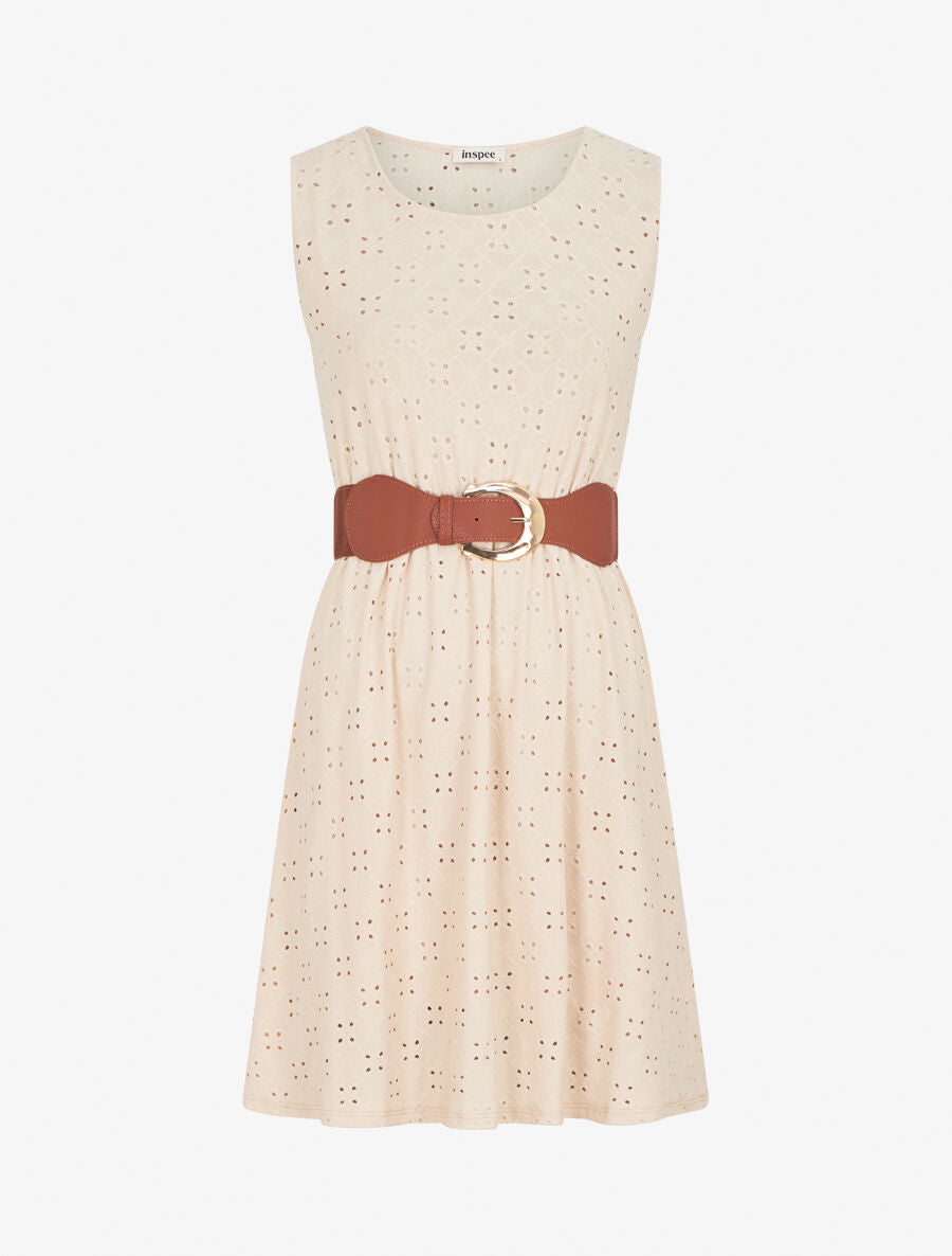 Robe droite unie et ajourée - Beige - 1