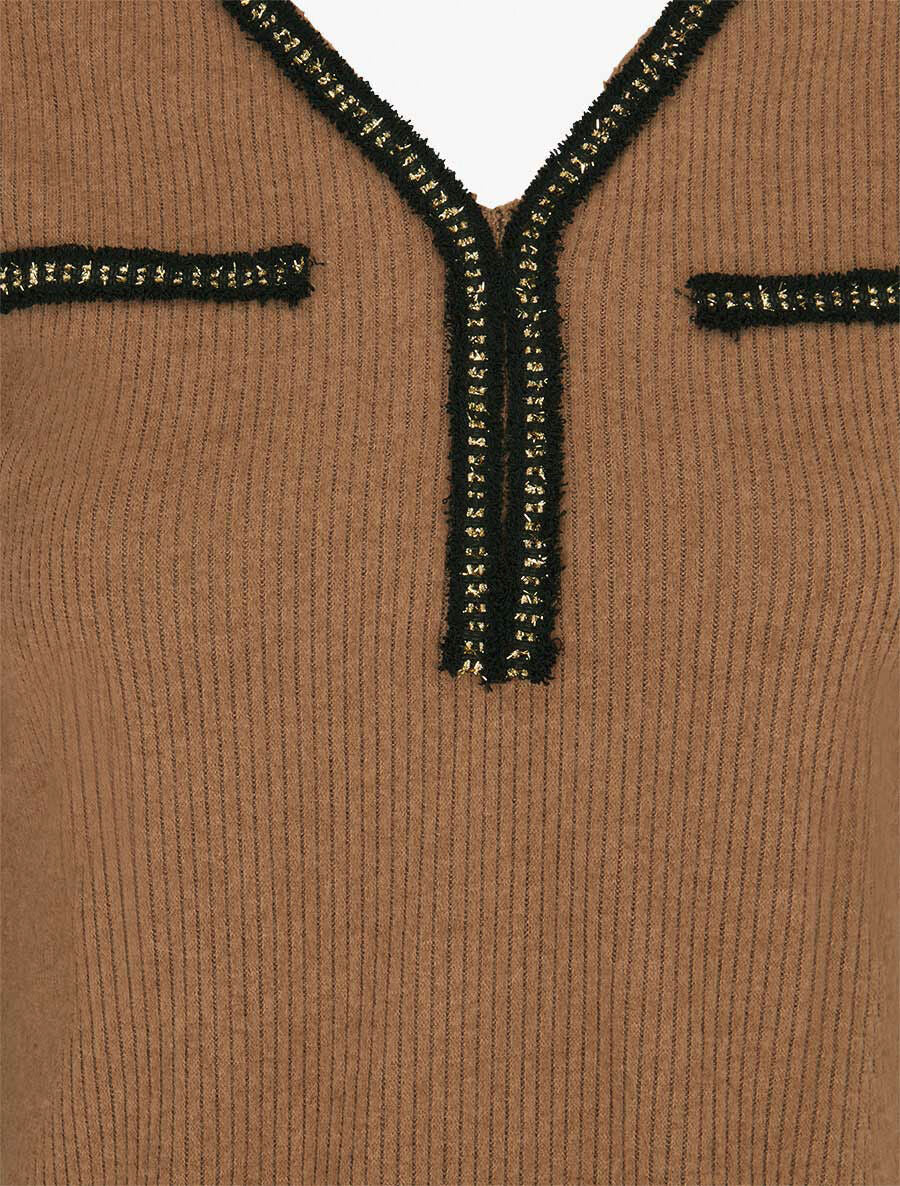 Pull fin côtelé à détails irisés - Camel - 3