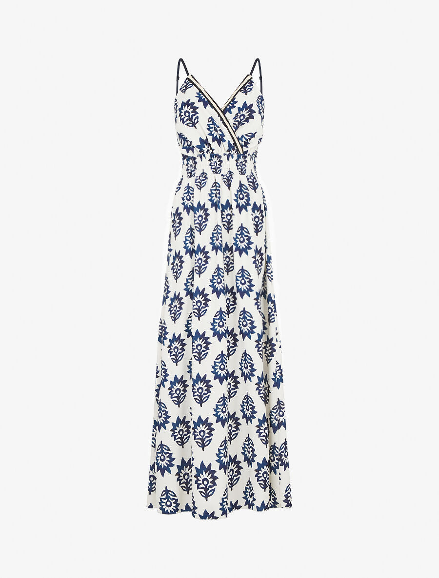 Robe longue à taille élastiquée imprimé floral - Marine - 1
