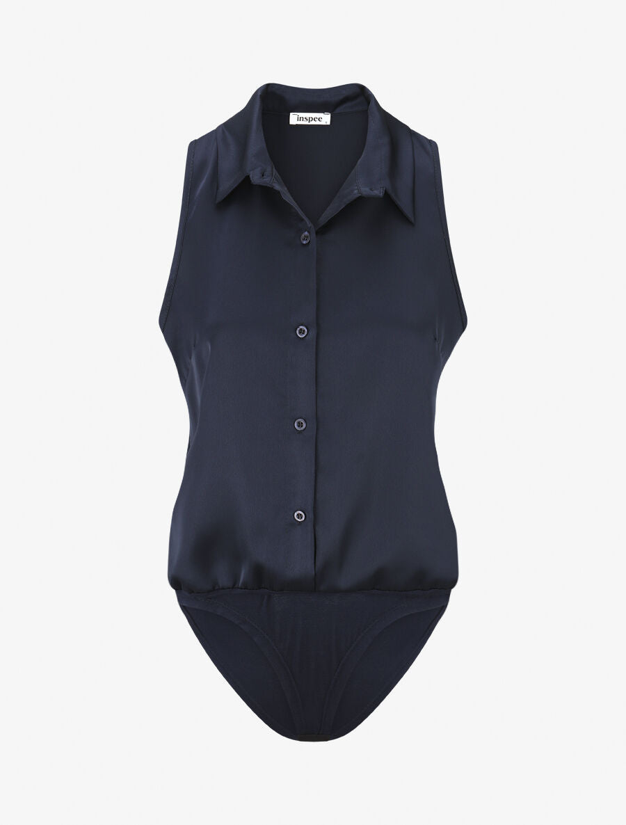 Body satiné style chemise sans manches - Marine - 1