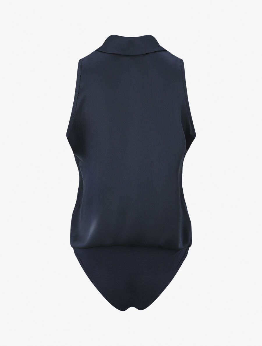 Body satiné style chemise sans manches - Marine - 2