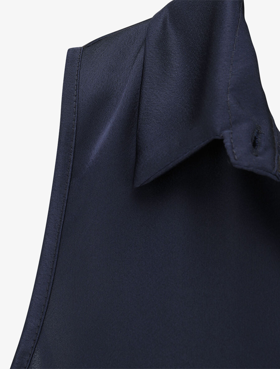 Body satiné style chemise sans manches - Marine - 3