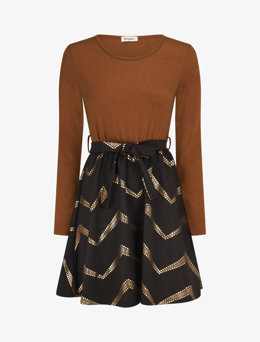 Robe patineuse à imprimés dorés - Camel - 4