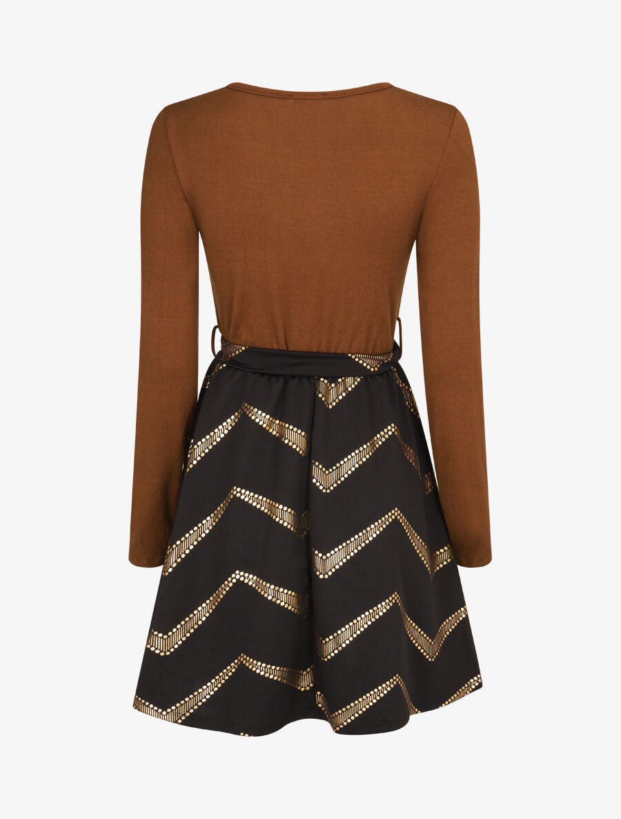 Robe patineuse à imprimés dorés - Camel - 2