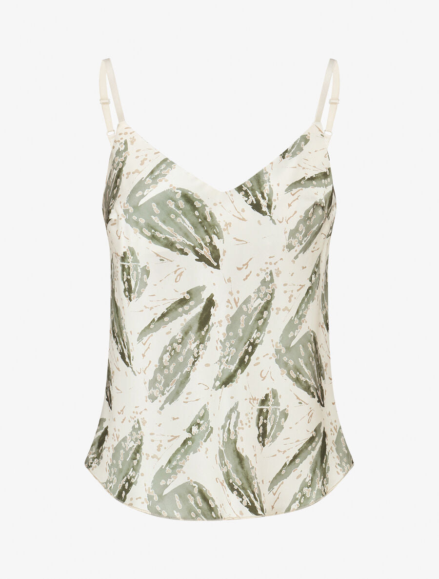 Caraco satiné imprimé feuilles fantaisies - Kaki - 1