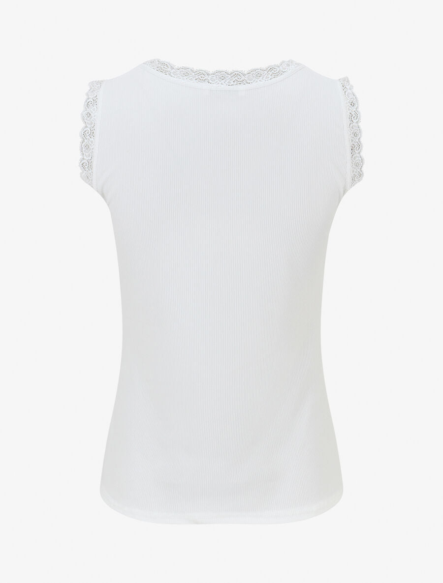 Débardeur côtelé à dentelle coupe ajustée - Blanc - 2