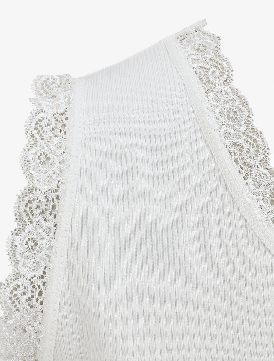 Débardeur côtelé à dentelle coupe ajustée - Blanc - 3