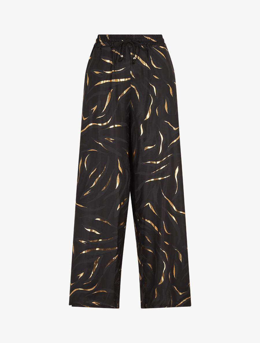 Pantalon satiné taille haute à motif doré - Noir - 1