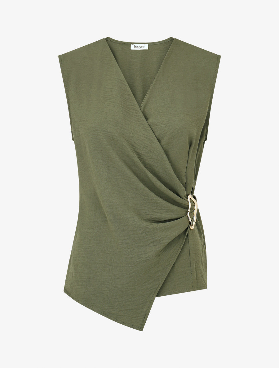Top asymétrique élastiqué à col cache-coeur - Kaki - 1