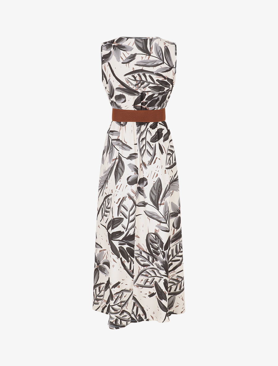 Robe longue élastiquée imprimé feuillage - Noir - 2