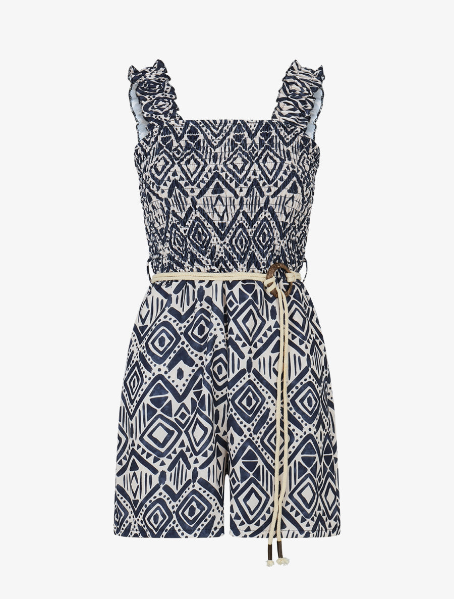 Combishort élastiqué à imprimé éthnique - Marine - 1