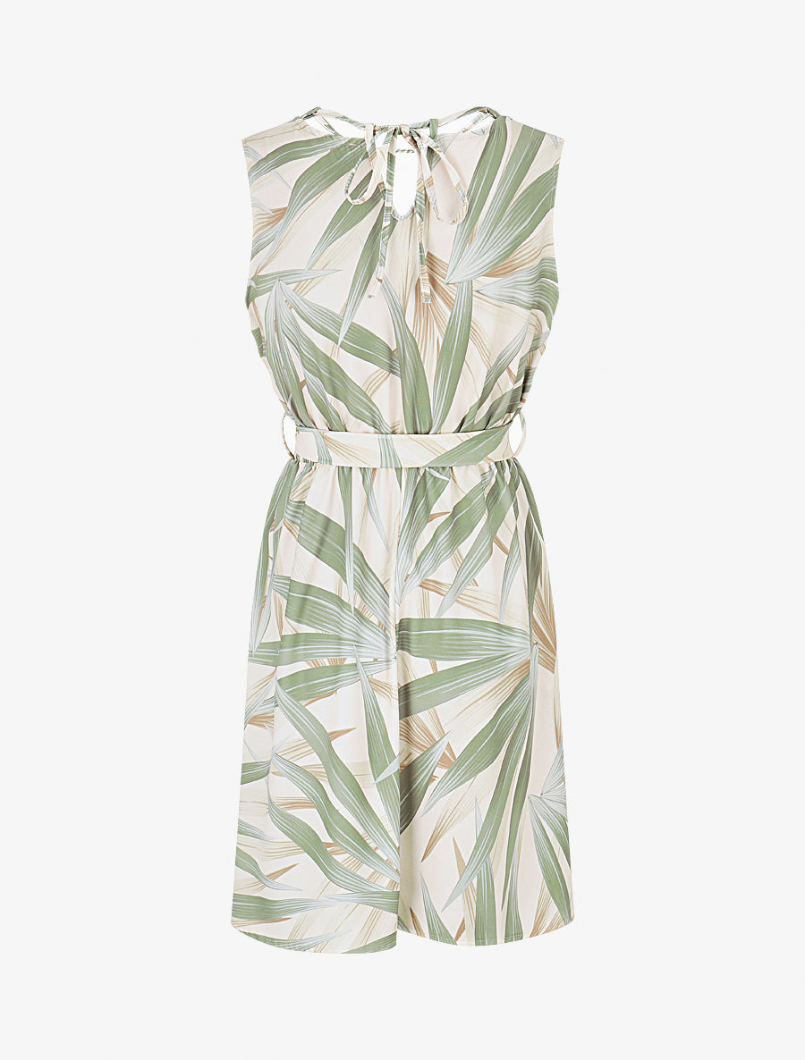 Robe mi-longue à col à perles et imprimé tropical - Kaki - 2