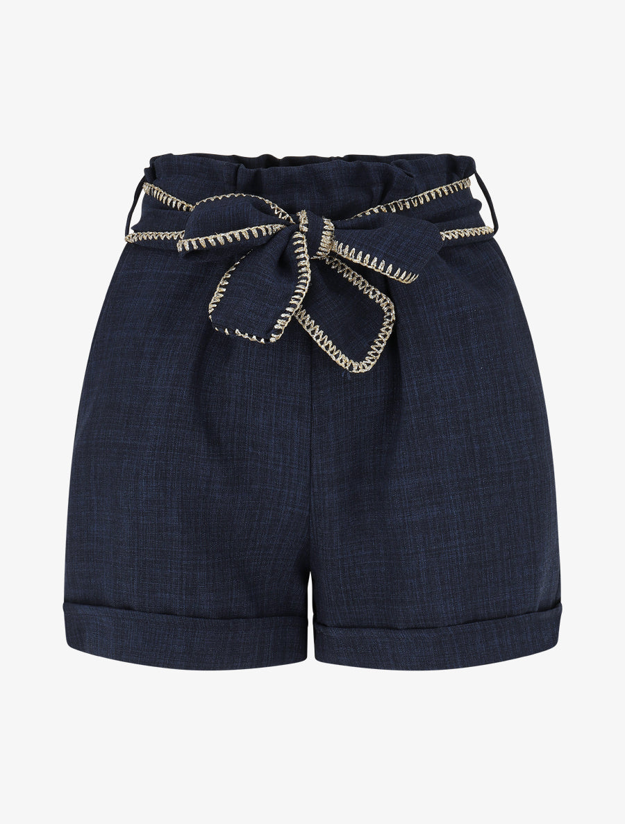 Short taille haute à ceinture fantaisie - Marine - 1