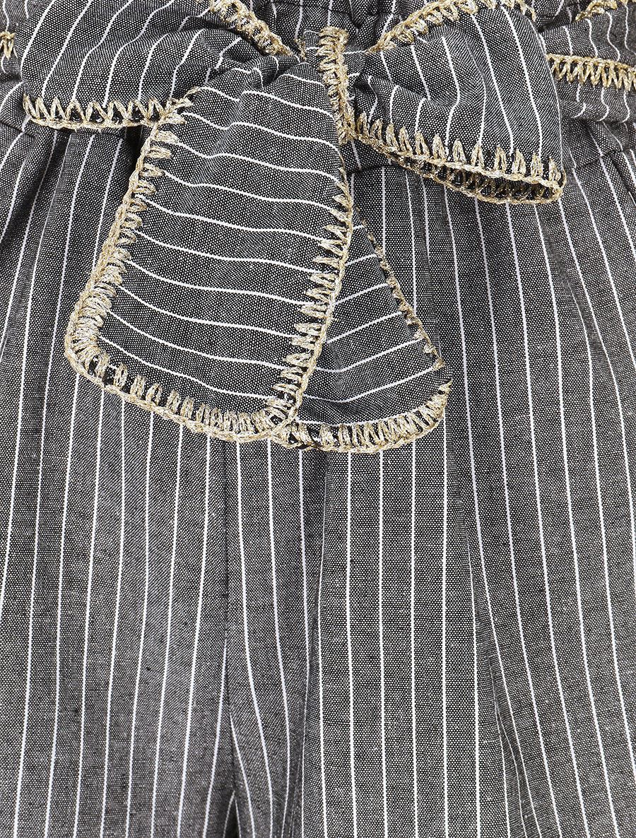 Pantalon ample à rayures et ceinture fantaisie - Gris - 3