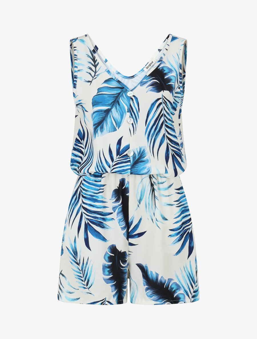 Combishort imprimé feuillage à taille élastiquée - Marine - 1