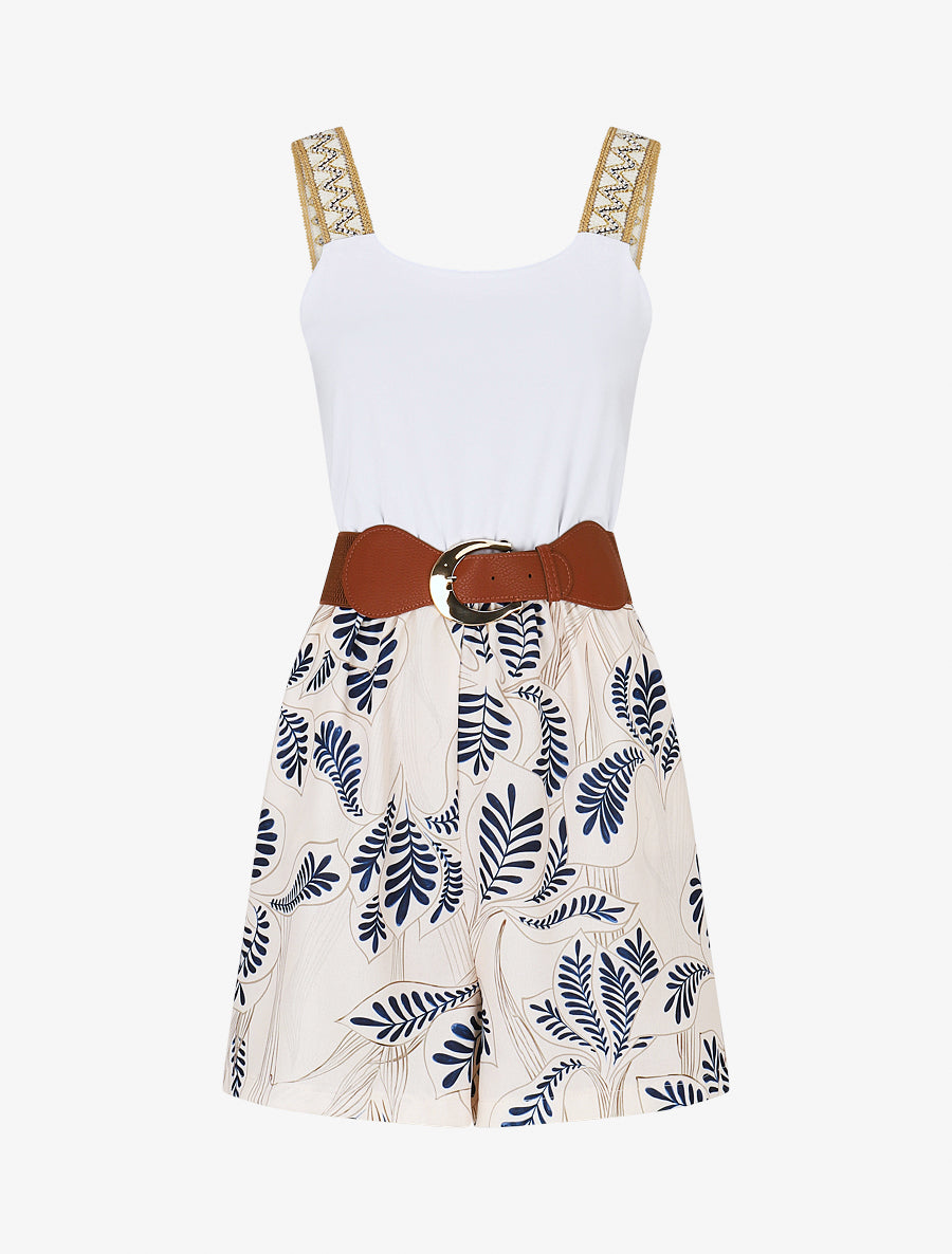 Combishort élastiqué à bretelles brodées - Marine - 1