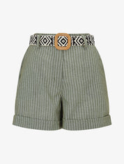 Short rayé ceinturé à revers - Kaki - 1
