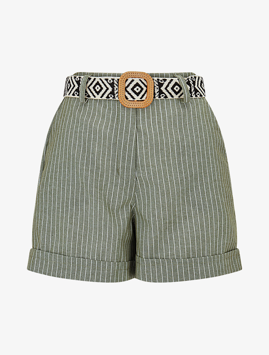 Short rayé ceinturé à revers - Kaki - 1
