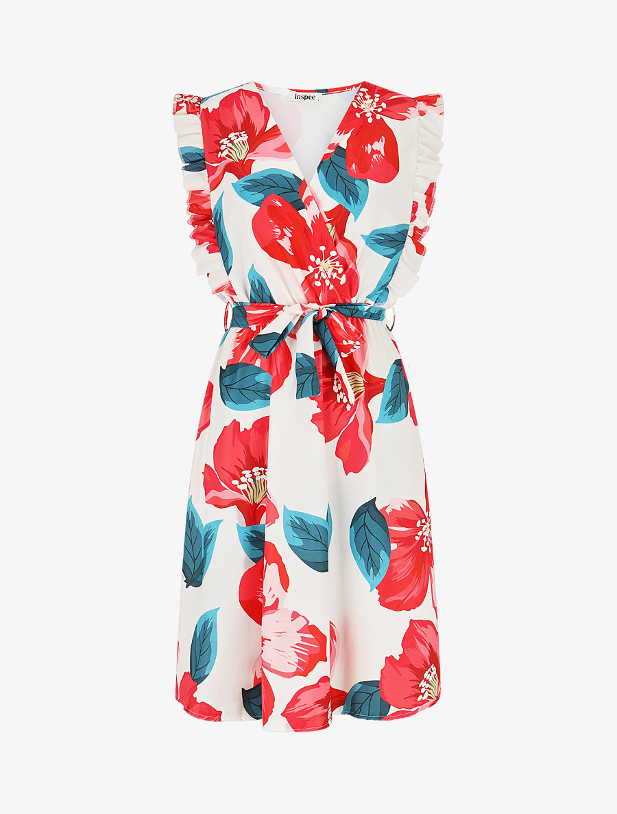 Robe mi-longue fleurie à volants - Rouge - 1