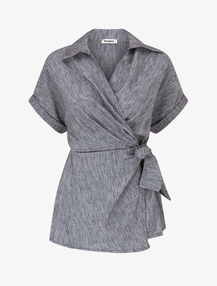 Blouse manches courtes à col cache-coeur - Gris - 1